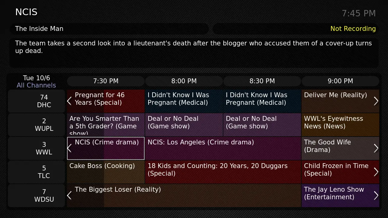 EPG program guide interface showing live TV schedule